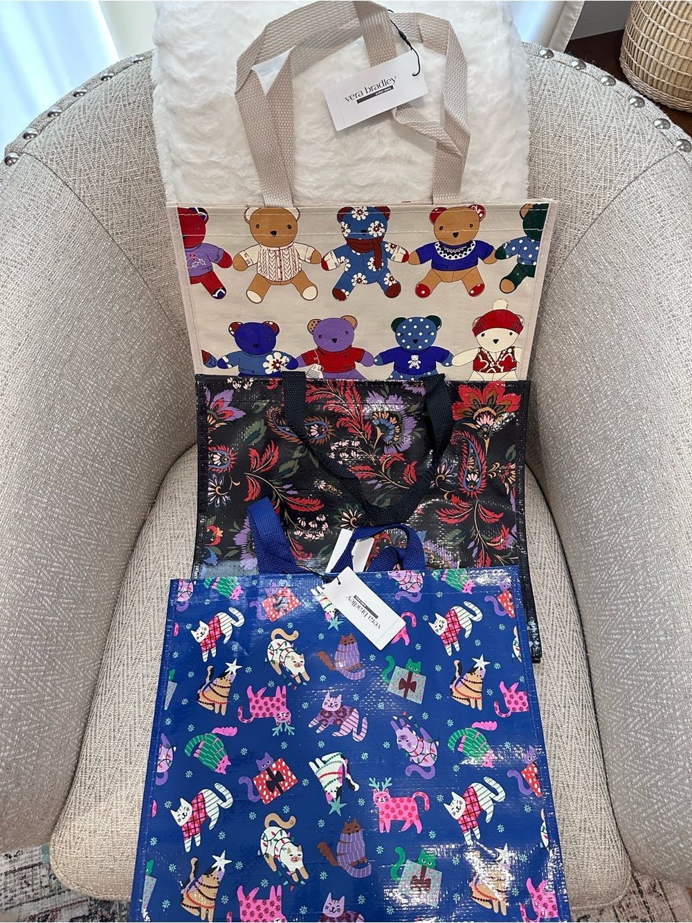 Vera Bradley 3 Gift Totes: Toasty Teddies, Catnip Christmas, Venetian Paisley - Picture 1 of 13